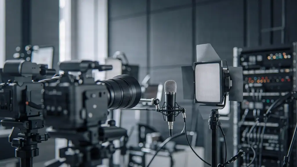 Bastidores de um estúdio de gravação de webinar, com câmeras e luzes desfocadas.